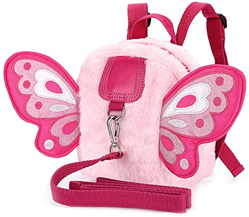 BTSKY Fluff Butterfly Baby Toddler Backpack with Safety Rein, Pink