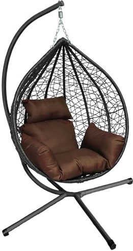 Rattan Swing Egg Chair Hanging Garden Hammock with Cushions & Stand Outdoor Indoor Furniture (Black Egg Chair & Brown Cushion)
