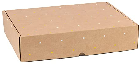 Packung mit 4 Geschenkkartons mit weißen und gelben Punkten bedruckt, Versandkartons, Selbstverpackung, Weihnachtsverpackung, Maße 38 x 28 x 8 cm (L x B x H)