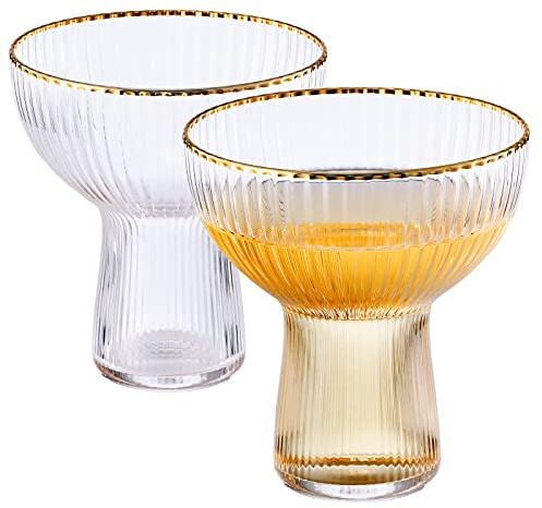 Ribbed Stemless Margarita, Martini & Champagne Glasses with Gold Rim - Set of 2 - Hand Blown Cocktail Luxury Coupe – Large Party, Elegant Ripple Design, Gilded, Premium Hand Blown Glassware (10 OZ)