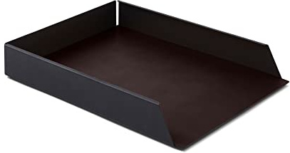 Eglooh - Moire - Ablagefächer Stapelbar für Schreibtisch und Büro mit Struktur aus schwarzem Stahl - Innerer Boden aus Leder Dunkel Braun - DIN A4 cm 32,5 x 24,2 x H.5 - Made in Italy