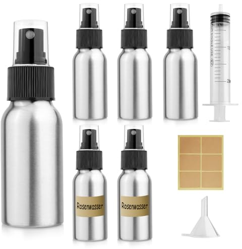 Furuising 5PCS Aluminum Spray Bottles, 50ML Fine Mist Spray Bottle, Refillable Small Spray Bottle, Empty Travel Atomiser Containers with 20ml Syringe Funnel for Travel Toner Face Spray Cleaning
