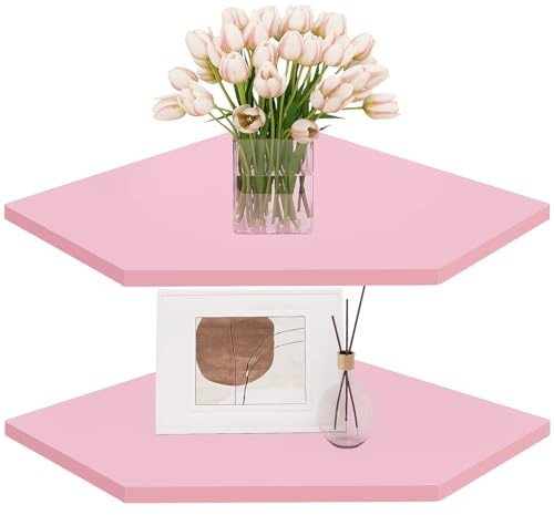 Homode Eckregale Schweberegale, Eckwandregal mit Kordelloch, 2 Etagen Holz Hängende Eckregal für Badezimmer, Schlafzimmer, Wohnzimmer, Rosa