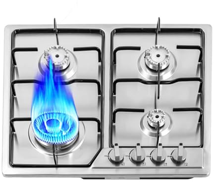 SOLOCJNL Piano cottura a gas da 23, piano cottura a gas integrato con 4 bruciatori in acciaio inox con griglia in ghisa, accensione elettrica e di uscita fiamma