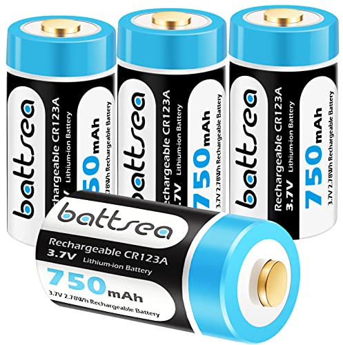 Battsea wiederaufladbare CR123A / CR123 Batterien 750mAh 3.7V, Compatible with Arlo Kamera VMC3030 VMK3200 VMS3230 VMS3330 VMS3430, Taschenlampen, Mikrofon, Rauchmelder, Wecker (4 Packung)