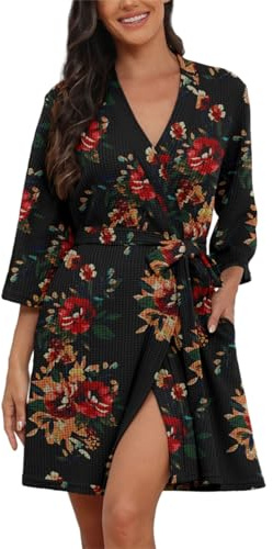 PrinStory Vestaglia da donna a nido d'ape, morbida vestaglia kimono con scollo a V a maglia corta, accappatoio da notte, FP Rosso Marrone Nero, L