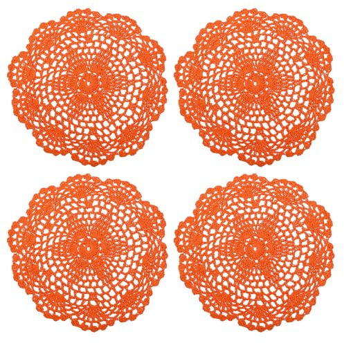 sourcing map Häkeldeckchen, 4 Stück, 20,3 cm, handgefertigt, gehäkelte Baumwoll-Untersetzer, runde Spitzen-Tischsets mit Blumenmuster für Hochzeit, Party, Dekoration (Orange)