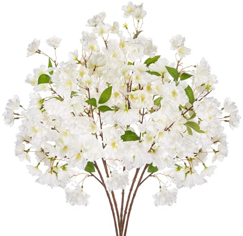 Hollyone 5PCS Künstliche Blume Weiß Künstliche Kirschblütenzweige 69cm, Frühlingsblumen Deko Blumen für Vase Frühling Sakura Seidenblumen Pfirsich Bouquet für Blumengesteck Tisch Home Dekoration