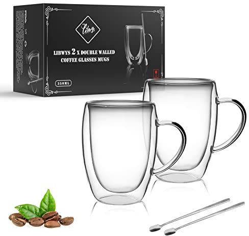 LIBWYS 2 Pack 350ml Double Walled Coffee Cups Glasses Mugs with 2 Spoons, Cappuccino Latte Tea Cups with Handle, Heat Resistant Cup Drinking Glasses