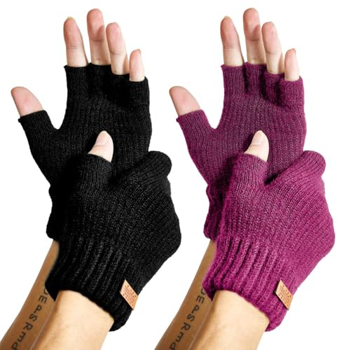JYUYNY Fingerlösa handskar - vinter varma vävda handskar arbete löpning cykling körning för män och kvinnor kontorshandskar datorhandskar, Svart och rosa, one size