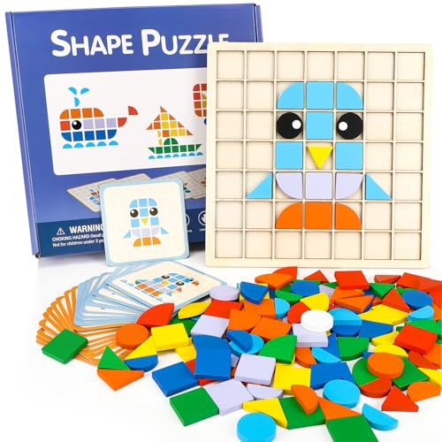Tangram Legno Giochi Educativi, Gioco di mosaico puzzle, Forma Colore macthing gioco con 137 Pezzi Geometriche e 20 Carte di Apprendimento，Giochi Montessori 3 4 5 6 Anni