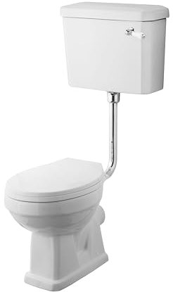 Balterley Low Level Toilet Pan, Cistern, Flush Pipe Kit & Soft Close Seat, Traditional Bathroom Toilet Unit, Round Seat Pan & Chrome Lever Handle Toilets for Bathrooms - 370 x 495 x 395mm (White)
