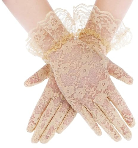 Generisch Damen Kurze Spitzen Handschuhe Elegant Spitzenhandschuhe Brauthandschuh Lace Gloves Tea Party Handschuhe für Party Hochzeit Teeparty Abschlussball Bekleidungs Zubehör (Beige)