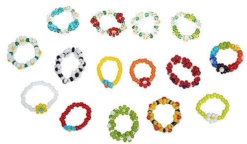 LIFKOME 15stücke Teiliges Flower Bead Ringe Damen Finger Schmuck Blumendesign Elastische Ringe Modisch Langlebig Bequem Für Alltag Und Party