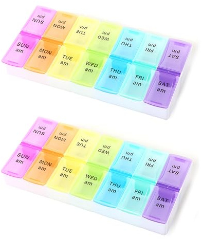 2 Stück Tablettenbox 7 Tage 2 Fächer, MUNTE Medikamentenbox 7 Tage, Farbe Pillendose, Tragbar Medikamenten Organizer, Geeignet für Pillen, Vitamine, Fischöl, Süßigkeiten