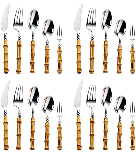 Générique Ensemble De Couverts 20 Pièces, Couverts en Acier Inoxydable avec Manche en Bambou, Fourchette Et Cuillère à Dessert Portables, Couverts pour Hôtel Et Restaurant