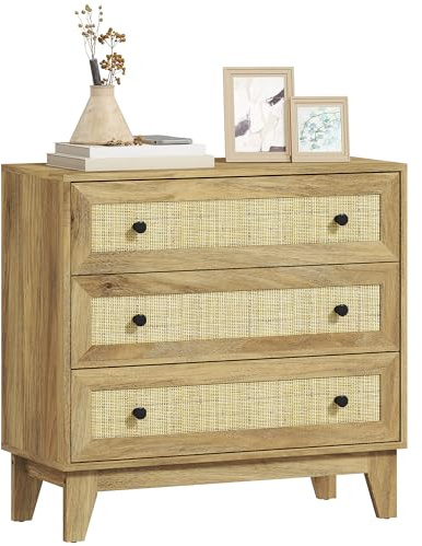 HOMCOM Cómoda con 3 Cajones Cómoda Dormitorio Estrecha con Frontales de Ratán y Patas Elevadas Cajonera para Salón Oficina 80x35x76 cm Natural
