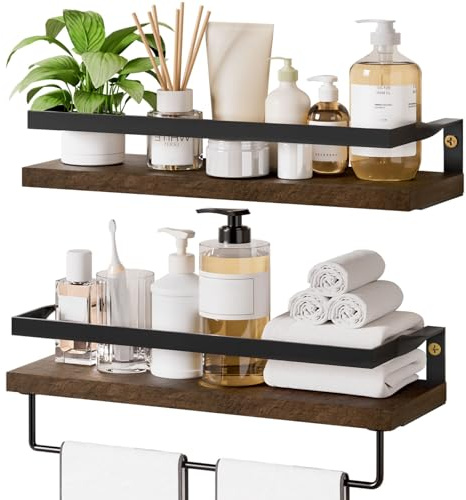 Yorbay Mensola da parete in legno, set da 2 pezzi, con porta asciugamani, mensola da appendere, in legno, per cucina, bagno, lavanderia, soggiorno, marrone