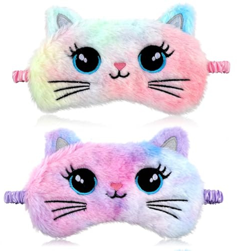 Wanmu 2 Stück Schlafmaske, 3D Cartoon Plüsch Weiche Augenmaske, Mehrfarbige Augenbinde für Mädchen Jungen Reisen, Schlaf, Nickerchen, Mittagspause, Party (Regenbogenfarben, Katze)