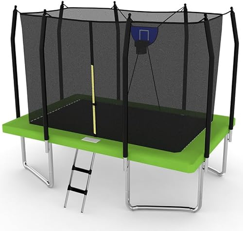 BodyTrain 8x12ft Rectangular Trampoline with Safety Enclosure Ladder & Basketball Game (Green)