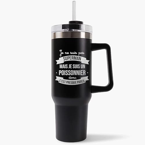 Mug Isotherme 1,2L - Policier Super-héros Homme Noire – Bouteille avec Anse, Paille et Couvercle – Idée Cadeau Gourde Personnalisée