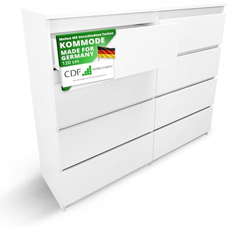 CDF Kommode Weiß mit 8 Schubladen 40 cm Tief Komodenschrank Komode für Wohnzimmer Schlafzimmer Schubladenschrank Malm Kommode viel Stauraum Geeignet Organizer Kleidung 120 cm Breite Modern Look