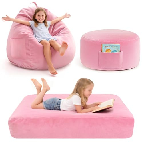 laapee Bean Bag Chair Bed for Kids, Convertible Beanbag Chair to Bean Bag Bed with Top Handle & Machine Washable Soft Corduroy Fabric, Stuffed Floor Sofa Couch Sofa Bed for Boys and Girls, Pink