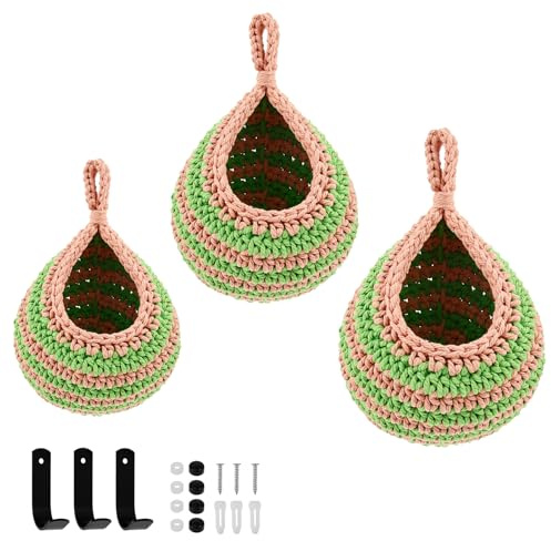 Hanging Fruit Basket with Hooks,3PCS Wall Basket Teardrop Hanging Baskets, Hand Woven Wall Mounted Vegetable and Fruit Baskets, Plant Woven Storage for Kitchen Decoration, Living Room