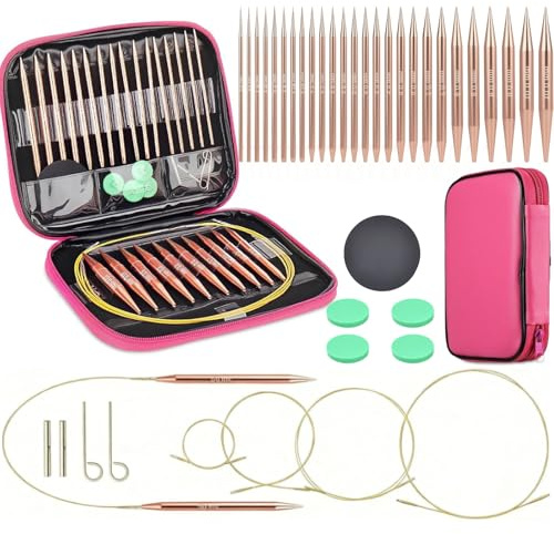 Circular Knitting Needle Set with Pink Case & Accessories,13 Pairs 3mm-10mm Round Aluminium Ergonomic Interchangeable Knitting Needles Set Starter Complete Knitting Kit for Beginners Adults
