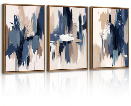 3 st abstrakt inramad kanvas väggkonst set, minimalistisk beige blå akvarell väggdekor målning, nordiska moderna neutrala konsttryck väggbilder för vardagsrum sovrum matsal kontor 40 x 60 cm x 3