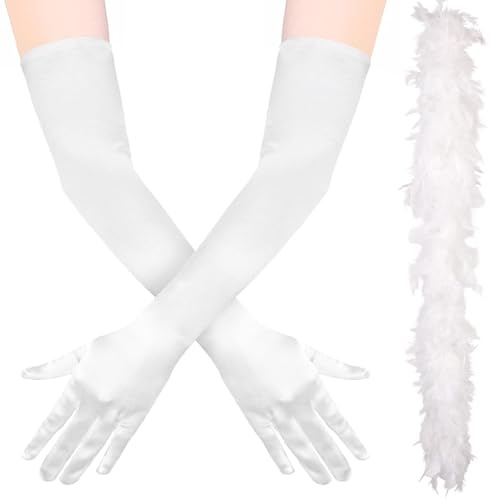 YNOUYRS White Feather Boa Satin Gloves - Boa Feathers, Evening Gloves for Women Girls,Fancy Dress Opera, for Carnival, Wedding, Prom Party, Dance Costume Accessories, Women Girls, White