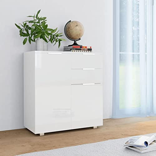 ULUYYUC Buffet Blanc Brillant 71 x 35 x 80 cm Bois d'ingénierie, Meuble de Rangement Cuisine avec 2 tiroirs et 2 Portes, Design Moderne et Durable pour Salle à Manger Salon ou Chambre