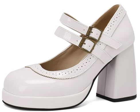 Wtharosa Mary Jane Pumps tjocka blockklack plattformsskor med dubbelt spänne för bröllop och arbete patentläder rund tå högklackade, Vitt, 39 EU