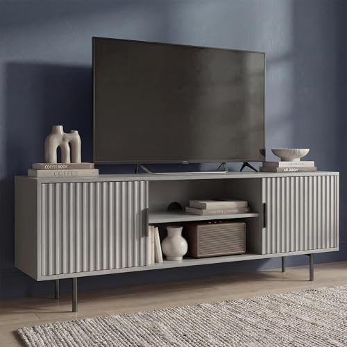 Blisswood TV Unit, 140cm TV Stand Cabinet for up to 43–55 Inch TVs Modern Fluted TV Cabinet with Storage Shelves, Metallic Legs & Pull Handles, Cupboards & Storage for Living Room & Bedroom, Grey