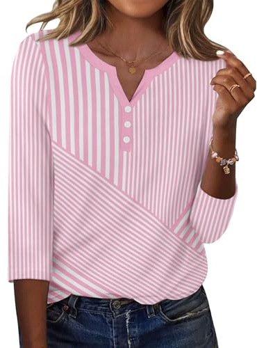Zeagoo Blusa para Mujer Manga 3/4 Elegante Camisetas Cuello en V Casual Top | Verano Holgada Básica T-Shirt Ligero Elástica con Botones S-3XL