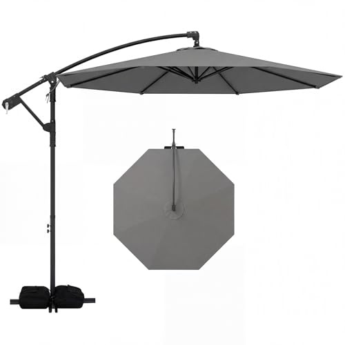 COSTWAY Sombrilla Terraza Exterior con Base, Parasol Excentrico con 8 Varillas de Metal, Rotación de 360°, Manivela, Base en Cruz y Sacos de Arena, Sombrilla Jardín Grande (300 x 300 cm（sin Luz）,Gris)