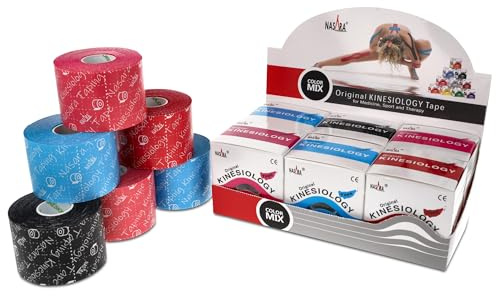 Nasara Cinta kinesiológica Original Caja de 6 Cintas para Deportes y Medicina, tamaño del Rollo 5cm x 5m, Mezclar con Rojo