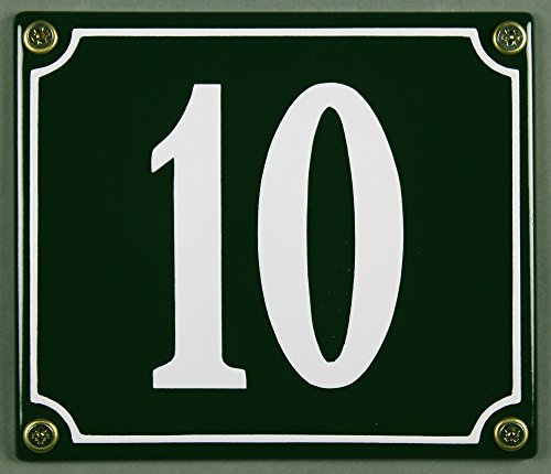 Emaille Hausnummernschild - Wählen Sie Ihre Nummer - Zahlen 1 bis 30 verfügbar - grün/weiß 12x12 cm und 12x14cm - sofort lieferbar! Hausnummer Schild wetterfest und lichtecht (10 grün/weiß 12x14cm)
