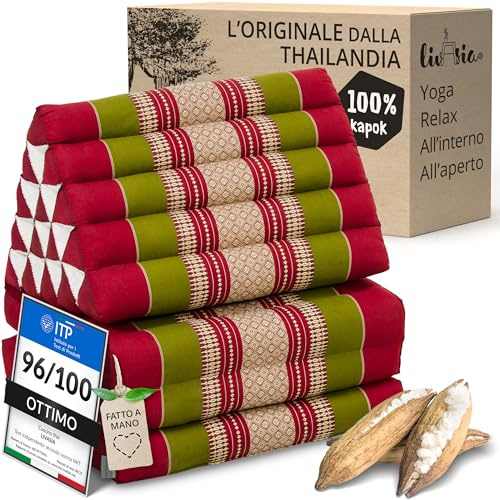 livasia Thaikissen 3 Auflagen extrahoch - 185x55x8cm - Dreieckskissen mit Klappmatratze, Kapok, Jumbo Rückenkissen faltbar, Thaimatte Klappen, handgefertigt, Meditationskissen (Rot/Grün)