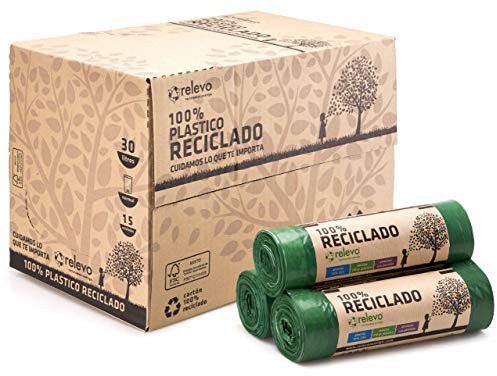 Relevo Grüne Müllbeutel mit Zugband – 30L (B 55 cm x H 60 cm), 360 Beutel (24 Rollen × 15 Beutel) | Extra Starke Müllsäcke | 100% Recyceltes LDPE aus Gewächshäusern | Zertifiziert (Blauer Engel)