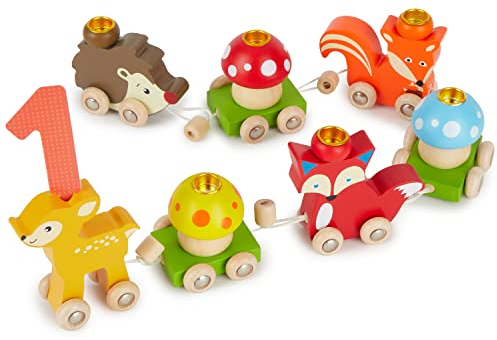 Bieco 23023083 Holz Geburtstagszug Waldtiere mit Zahlen 0-9, Mehrfarbig, 17 Stück (1er Pack)