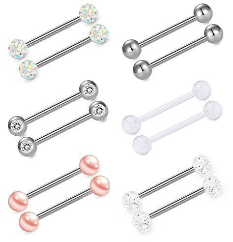 VCMART Nipple Rings Tongue Ring Surgical Steel Nipplerings Piercing Women Silver Barbells 14G 6 Pairs 1/2(12mm)