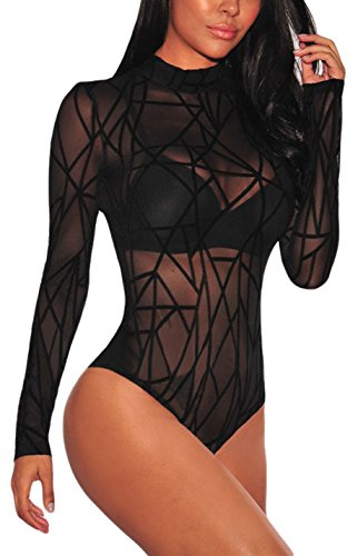 SEBOWEL Women Sexy Sheer Mesh Bodysuit Long Sleeve Turtle Neck See Through Leotard Tops Club Party Bodycon Blouse T Shirt (L, Black)