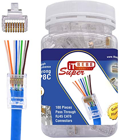 ITBEBE 100 pezzi RJ45 Cat6 Connettori Passanti per Cavi 24 AWG – Funziona Sia per Cavi Solidi Che Flessibili