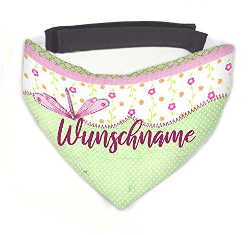 Hundehalstuch Flower Power personalisiert inklusive Wunschname mit 12 cm Klettverschluss für kleine, mittlere und große Hunde, Hunde-Halstuch / Dreieckstuch (S = Halsumfang 32-38cm)