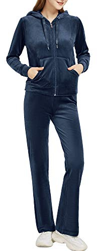 Woolicity Tuta Sportiva Donna in Velluto Completi Felpa con Cappuccio Pantaloni Jogging Invernale Passeggiata Casual Pigiama Ginnastica Marina Militare XXL