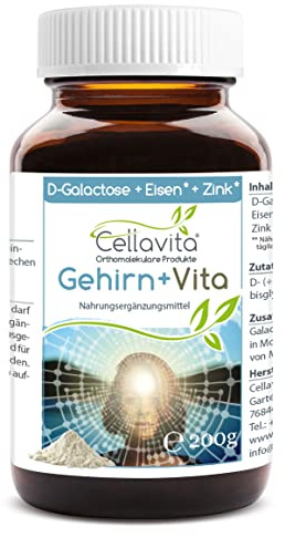 Cellavita – Gehirn+ Vita Pulver mit D-Galactose, Eisen & Zink 200g – Nahrungsergänzung zur Unterstützung kognitiver Gehirnfunktion – Einfachzucker zusatzstofffrei für mentale Klarheit & Wohlbefinden