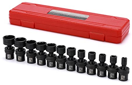 MIXPOWER 3/8 Drive Shallow Impact Universal Joint Swivel Socket Set, SAE, 5/16 - 1, Shallow, Flexible Wobble, Chrome Molybdenum Steel, 12 Pieces Set