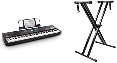 Alesis Recital Pro 88- Tasten Digital Piano E Klavier mit Hammermechanik, eingebauten 20 Watt Lautsprechern & RockJam doppelstrebiger verstellbarer Keyboardständer mit Sicherungslaschen