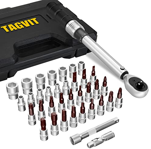 TAGVIT Drehmomentschlüssel 1/4 Zoll, 5-25 Nm Fahrrad & Motorrad Drehmomentschlüssel 37-tlg.Set mit Verlängerung, Steckdose, Innensechskant, Hex und Torx Bits Kits für Fahrrad MTB